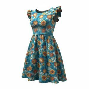Eleanor Rose Girls Floral Dress Teal Orange Tie Waist Sleeveless Size 8–10